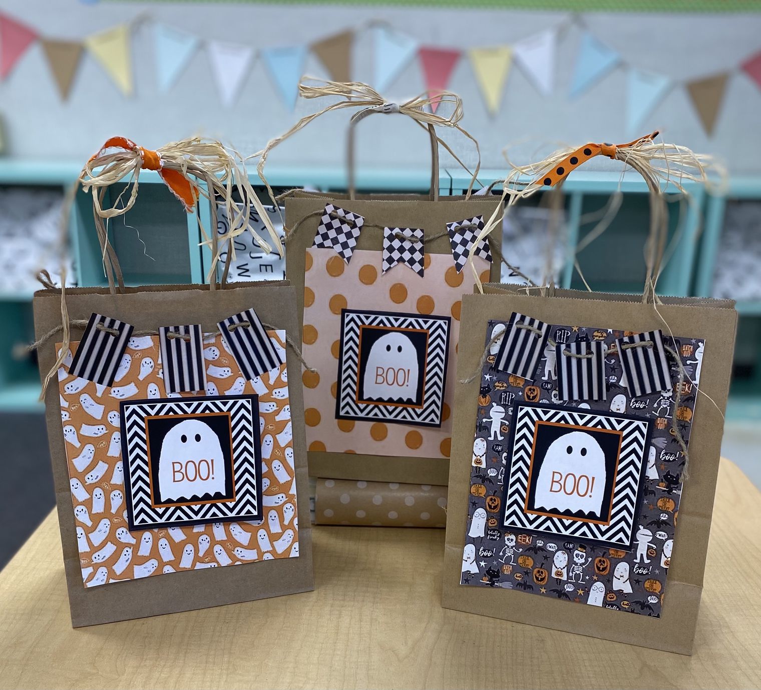 Halloween decorated bags in black and orange