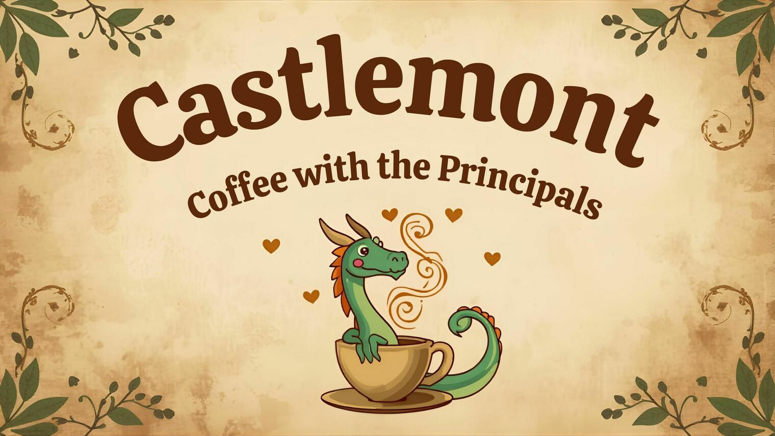Illustrated dragon sitting in a tea cup advertising upcoming Coffee with the Principals event