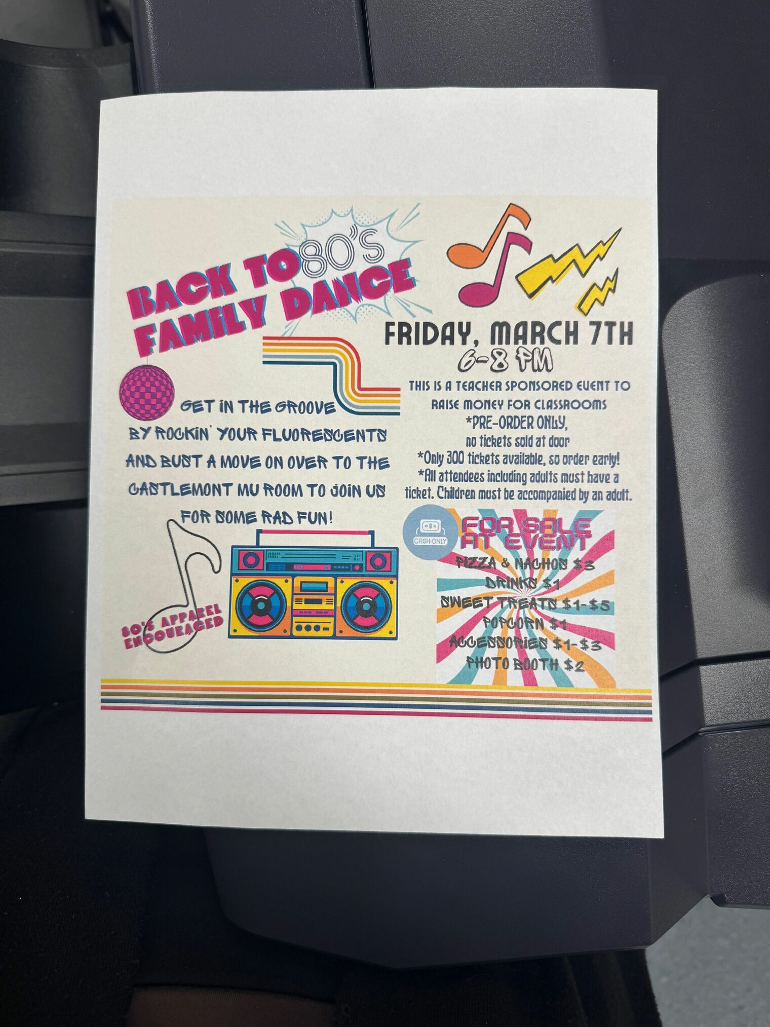 Bright neon colored Flyer with Title for Bact To 80's Family Dance on Friday March 7th. 
