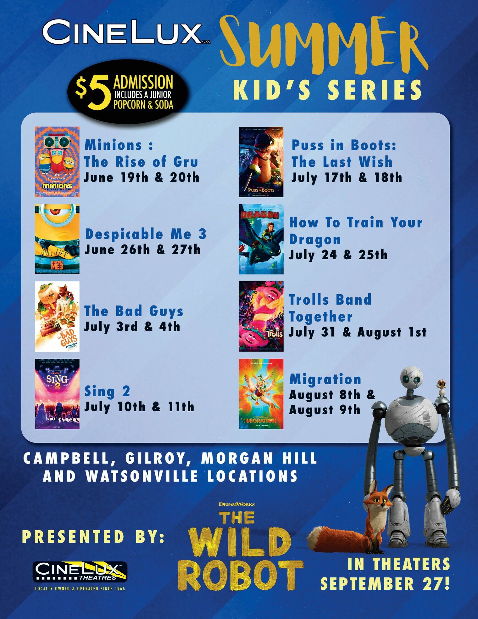 Text advertisement of Cinelux Summer Movie series