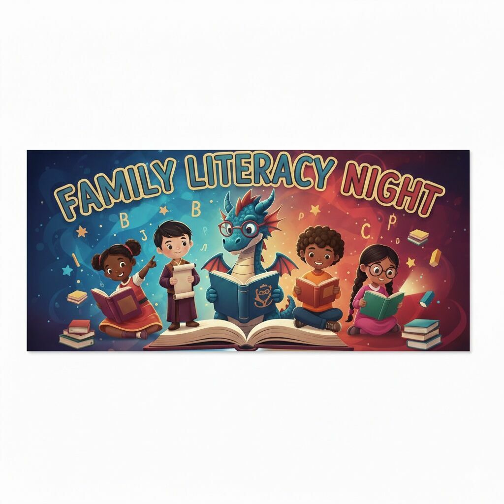 Five Ilustrated children and a dragon reading books