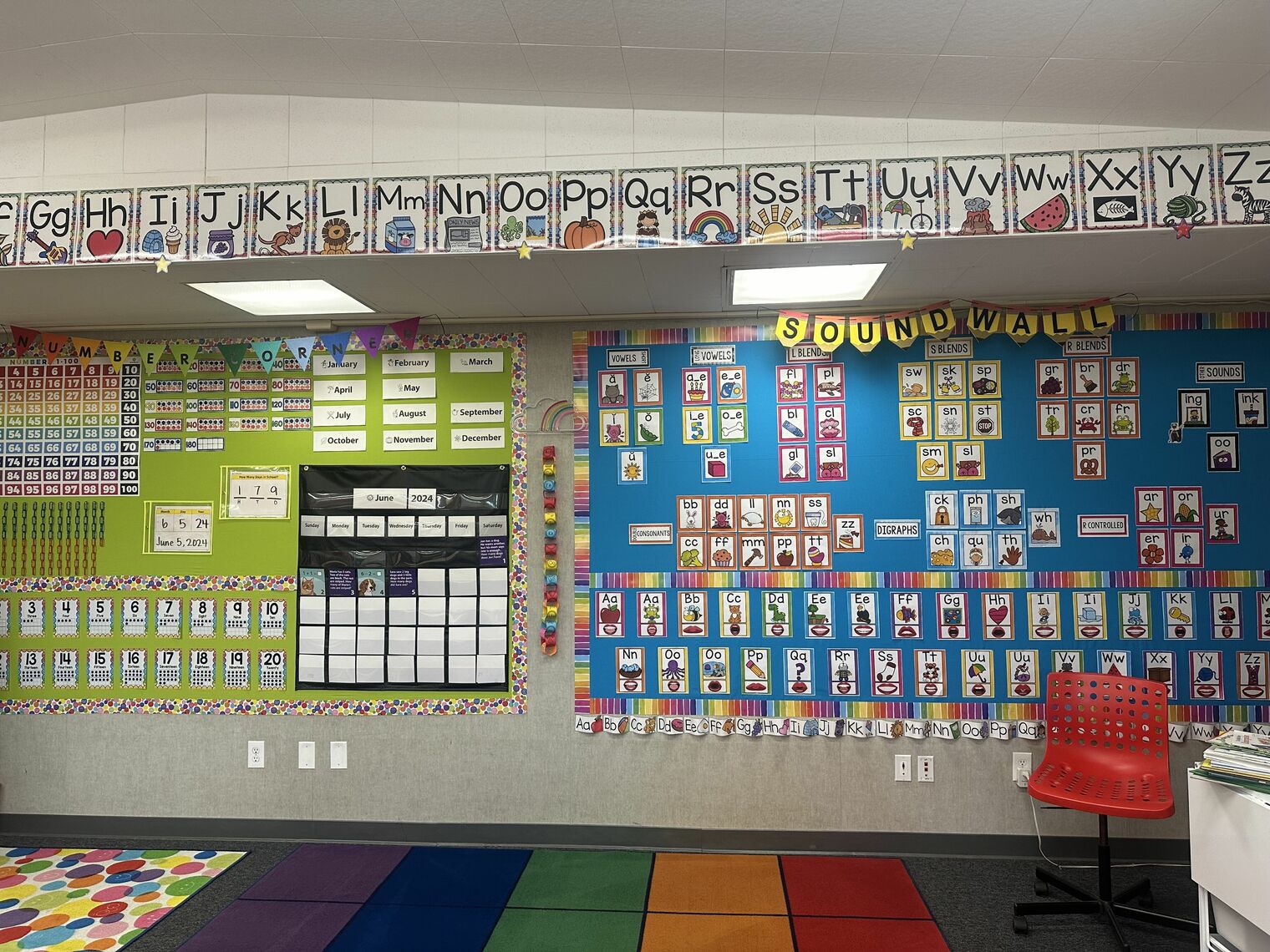 Kindergarten classroom wall with calendar and sound cards