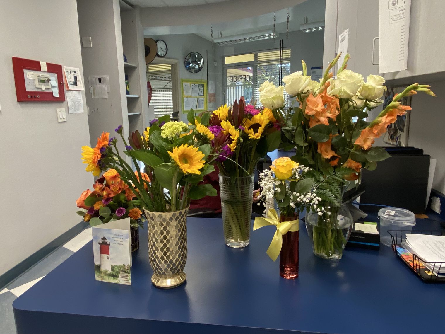 Bouquets of flowers on a table.