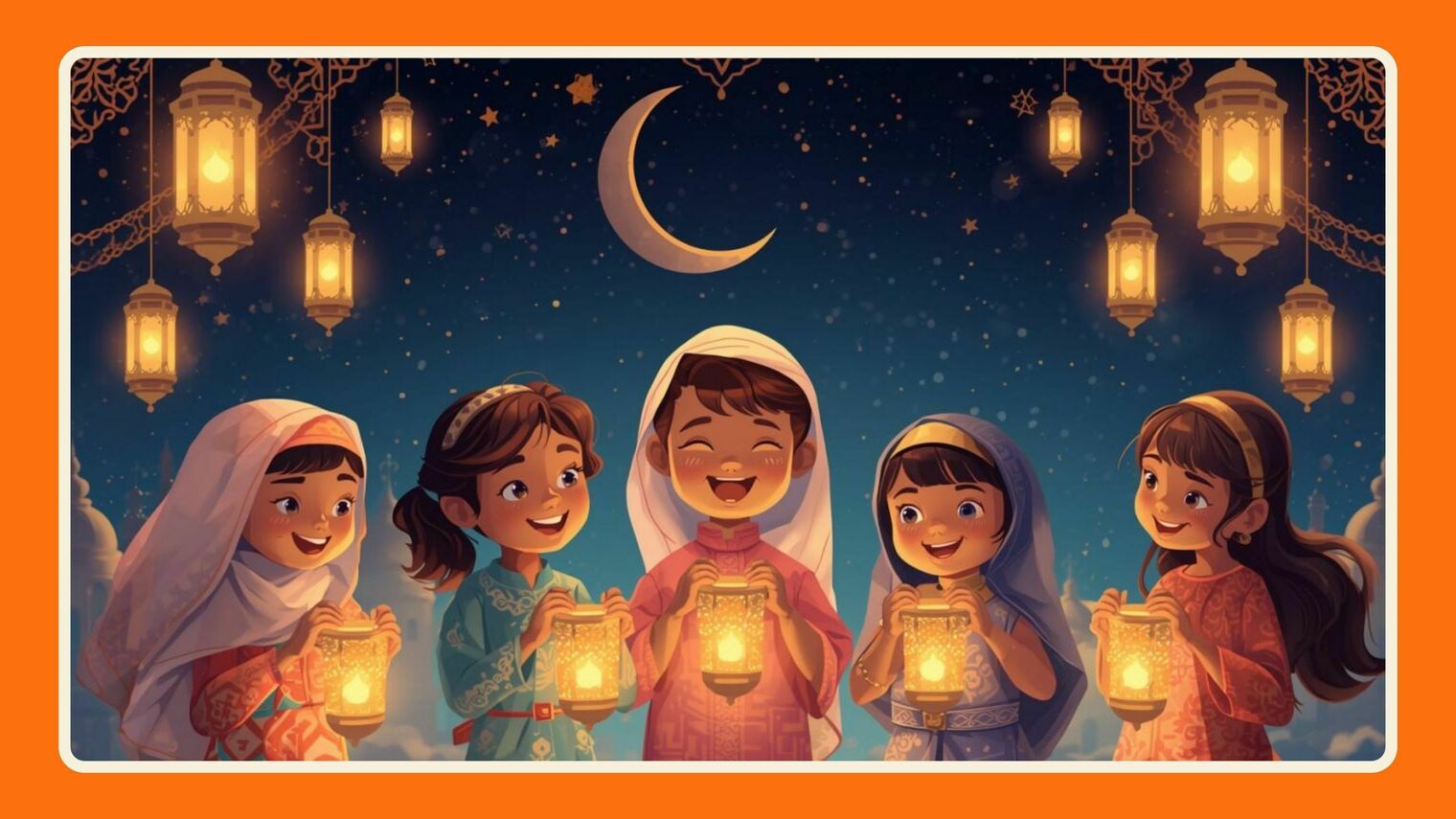 Illustrated five children and glowing lanterns for Ramadan