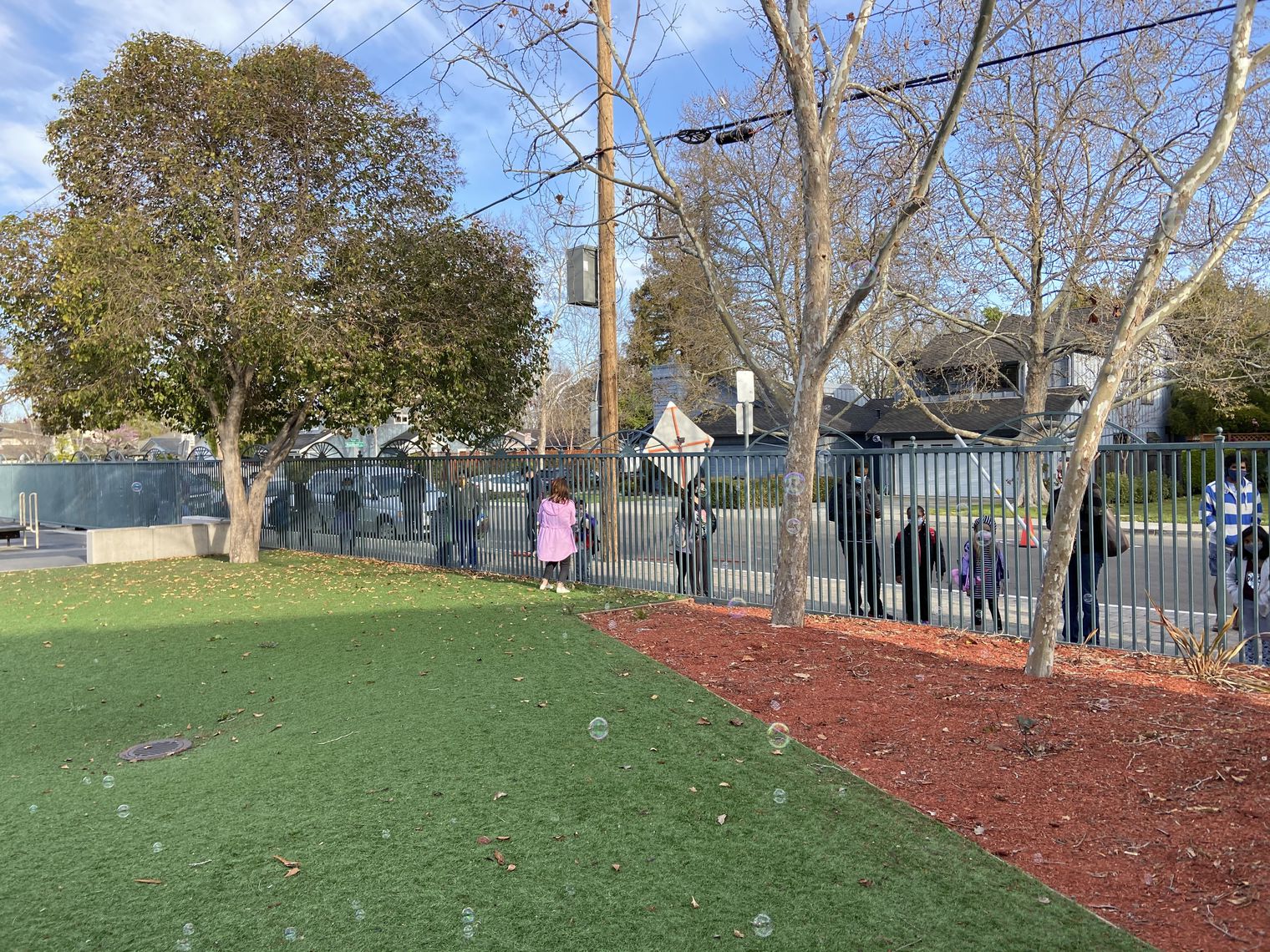 Parents and kindergarten children lined up outside a fence.