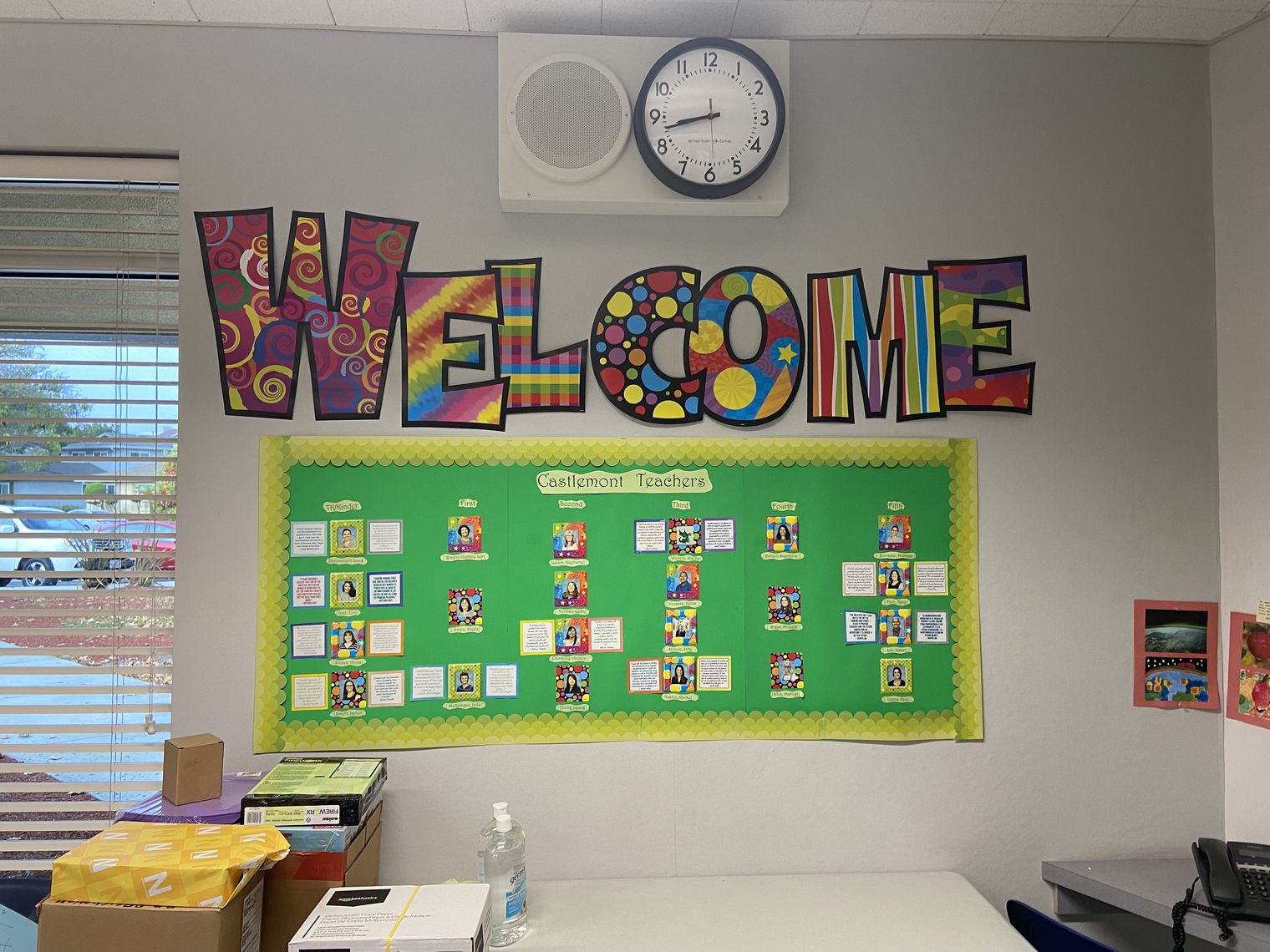 Colorful Welcome letters on a wall in a school office