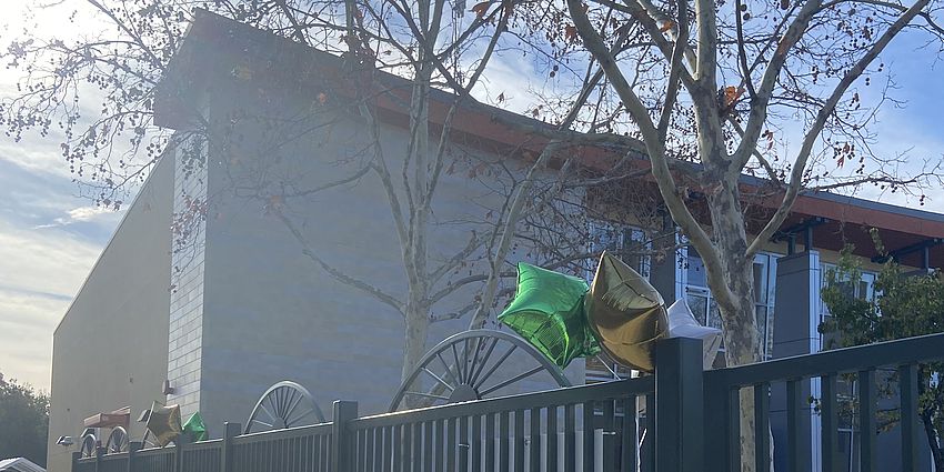 Green and Gold ballons near the school multiuse room