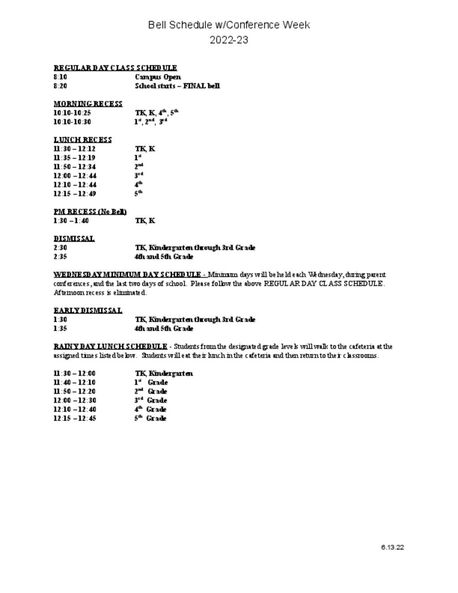 Bell Schedule 2022-2023 School Year