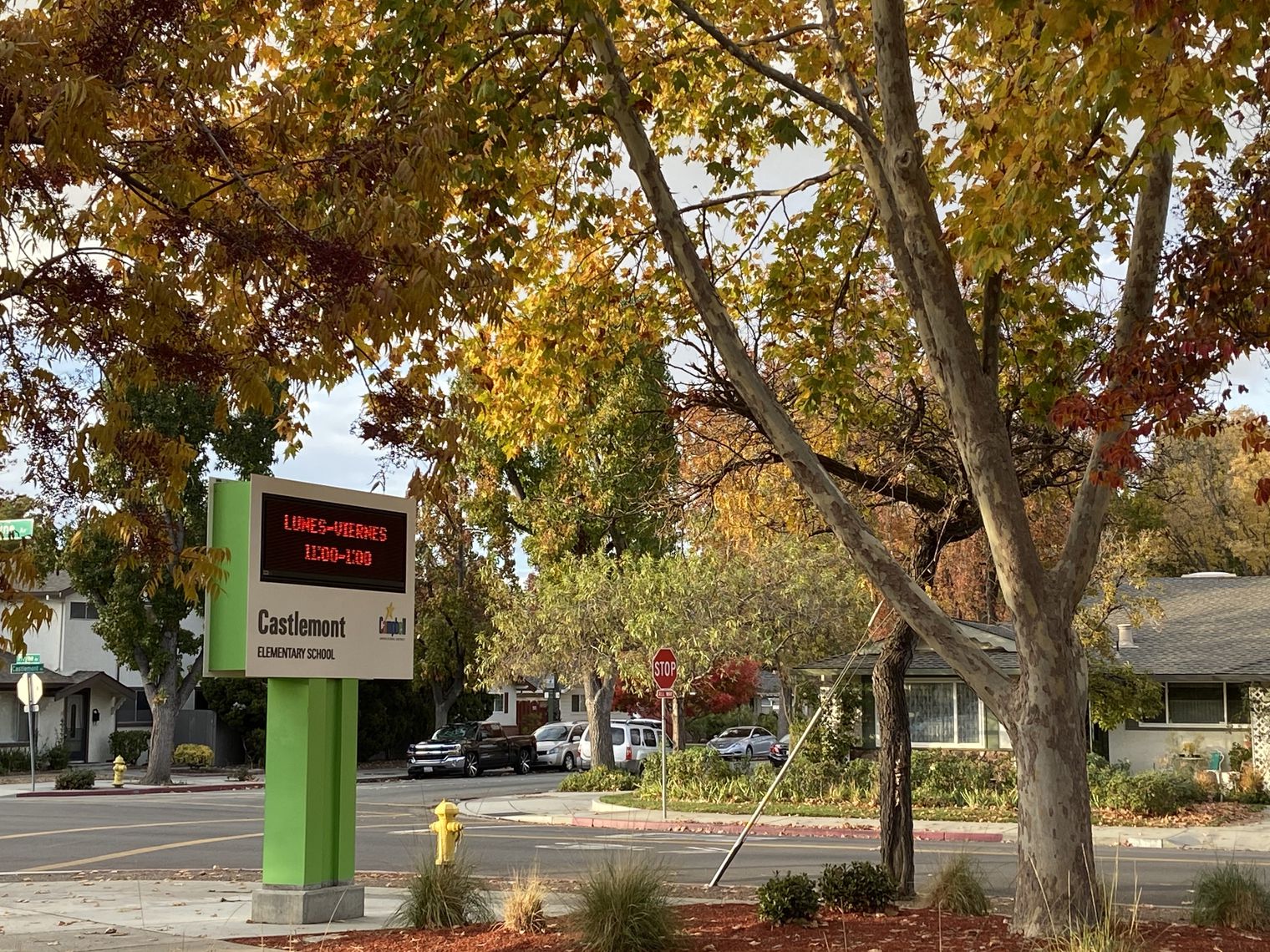 Castlemont School sign and autumn trees