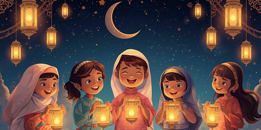 Illustrated five children and glowing lanterns for Ramadan