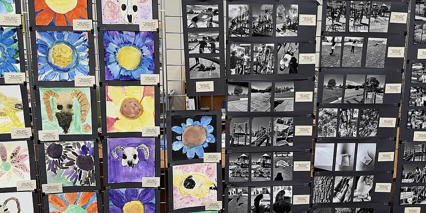 A variety of watercolor paintings and black and white photos
