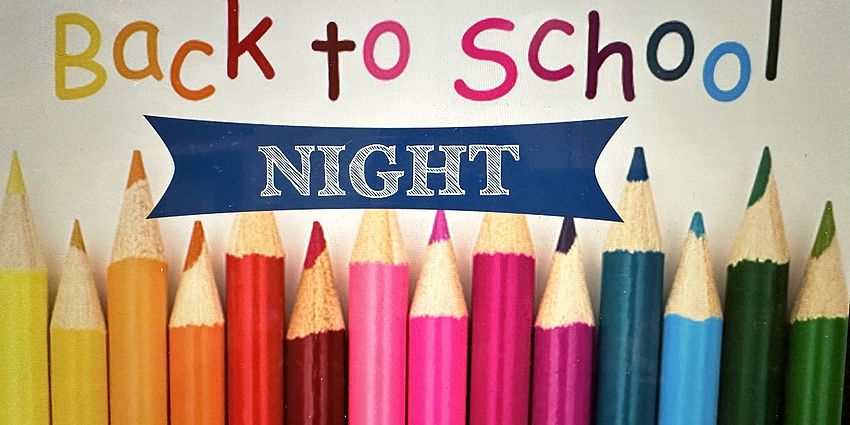 color pencils and back to school night text