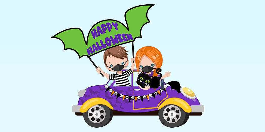 Masked children in a Halloween car