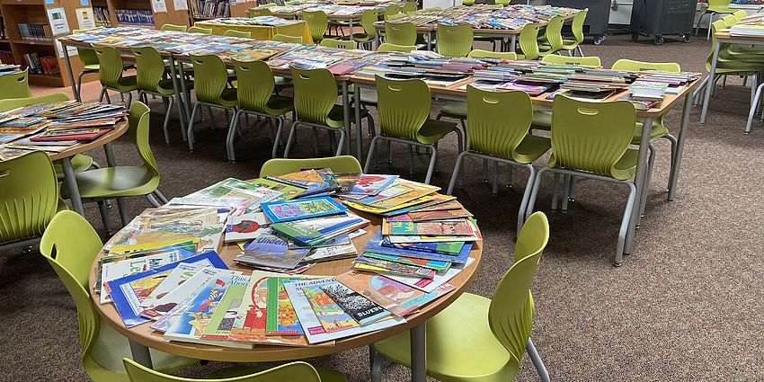 Library tables and chairs. Tables covered by neatly organized books ready for distibution.