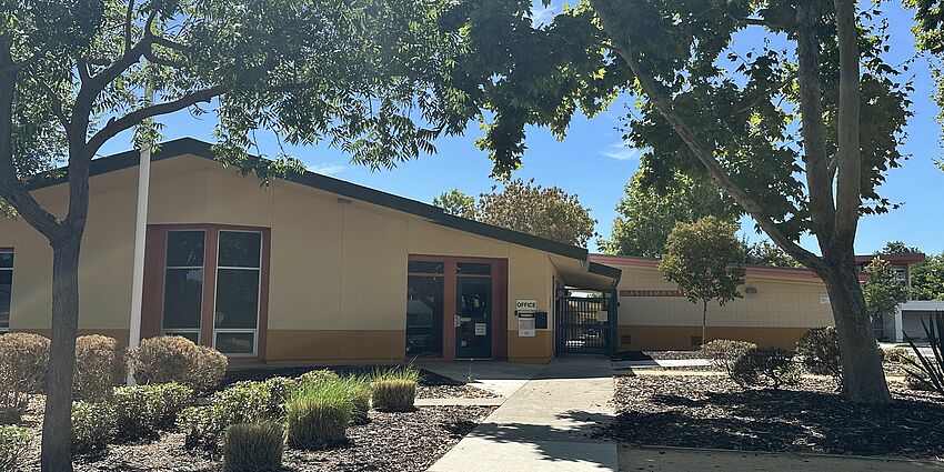 Photo of school building with two large trees in front
