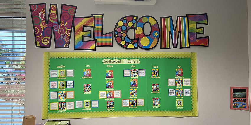 Colorful Welcome letters on a wall in a school office
