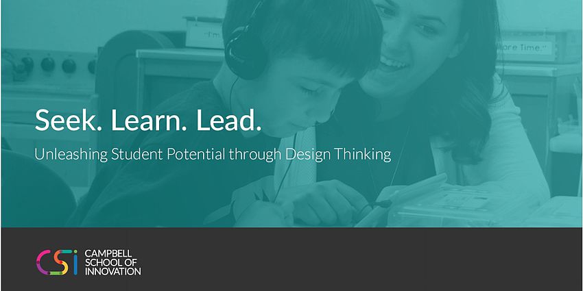 smiling teacher and student and text that reads Seek. Learn. Lead