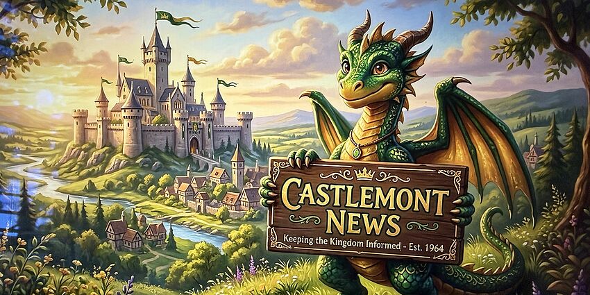 Illustrated dragon holding a sign