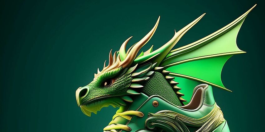 Illustrated dragon on top of a green sneaker