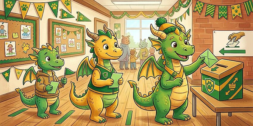 Three illustrated dragons standing in line at a 