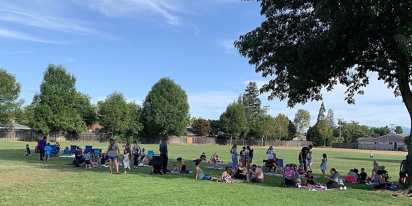 Adults and children picnicking in the shade of large trees.