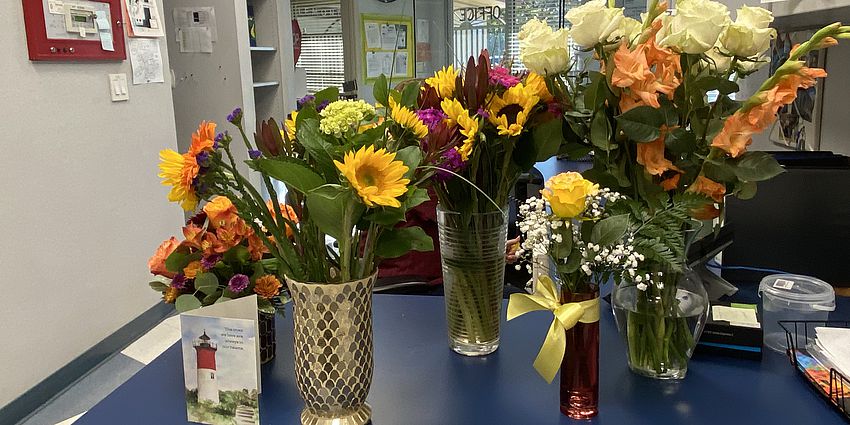 Bouquets of flowers on a table.