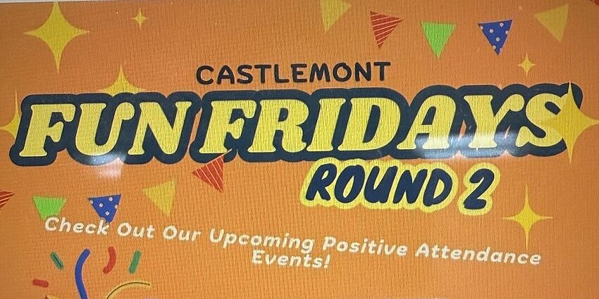 Orange background with text and colorful banners