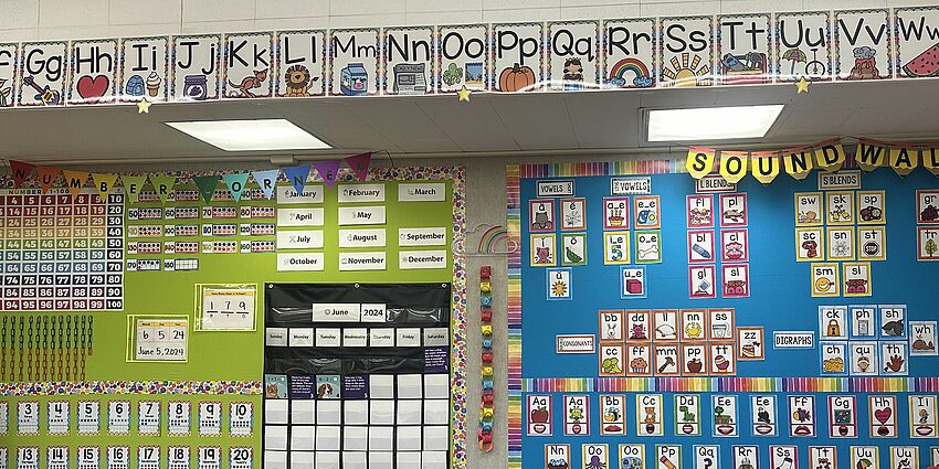 Kindergarten classroom wall with calendar and sound cards