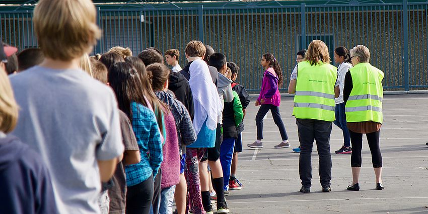 students lined up for safety drill