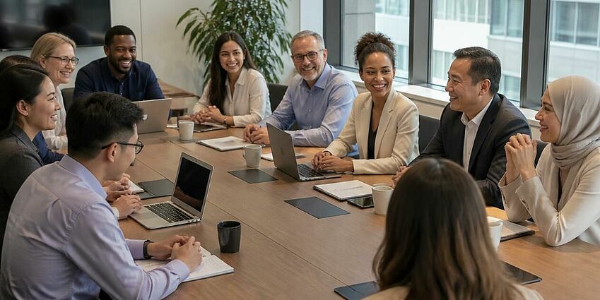 10 adults around a table in a meeting