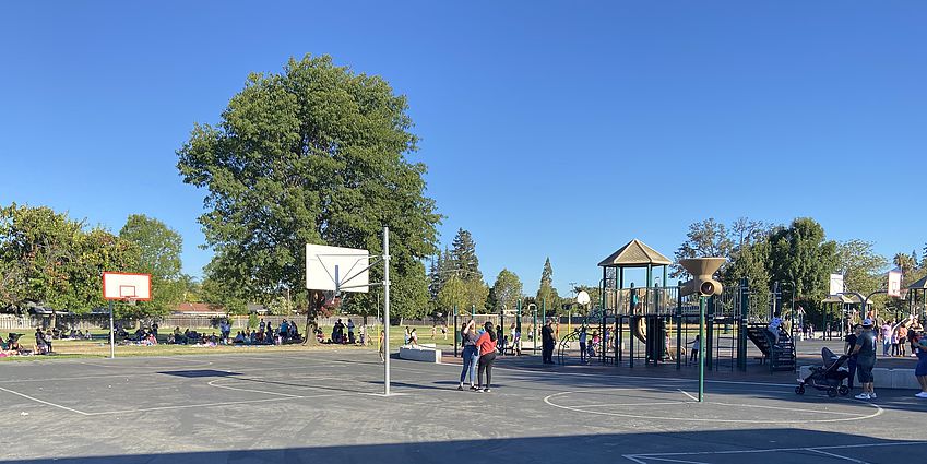 School yard with many families