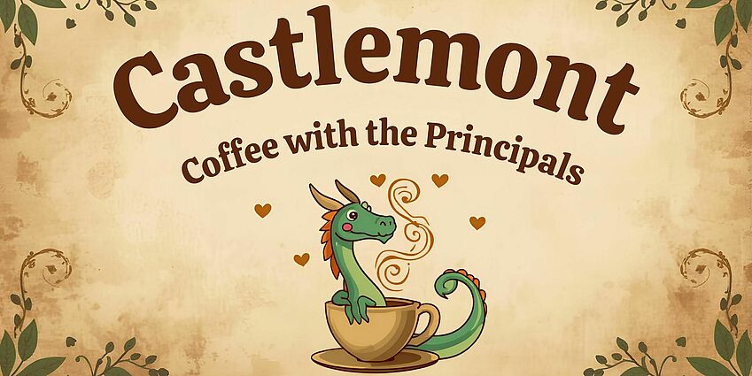 Illustrated dragon sitting in a tea cup advertising upcoming Coffee with the Principals event