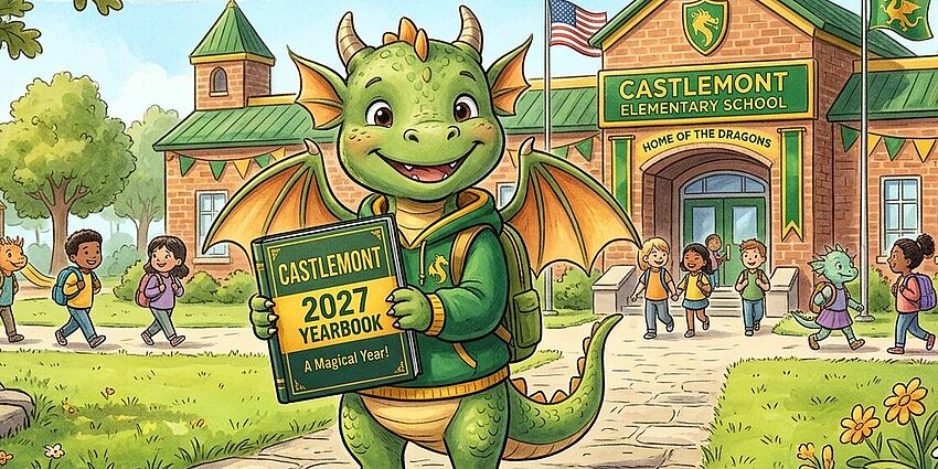 Illustrated dragon holding a yearbook in front of a school
