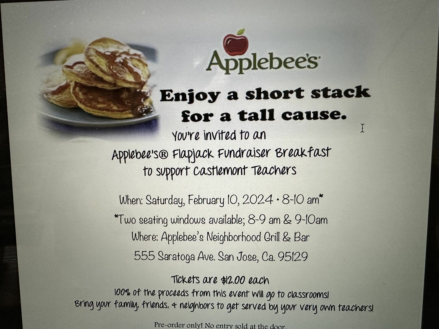 Pancakes and text about a fundraiser