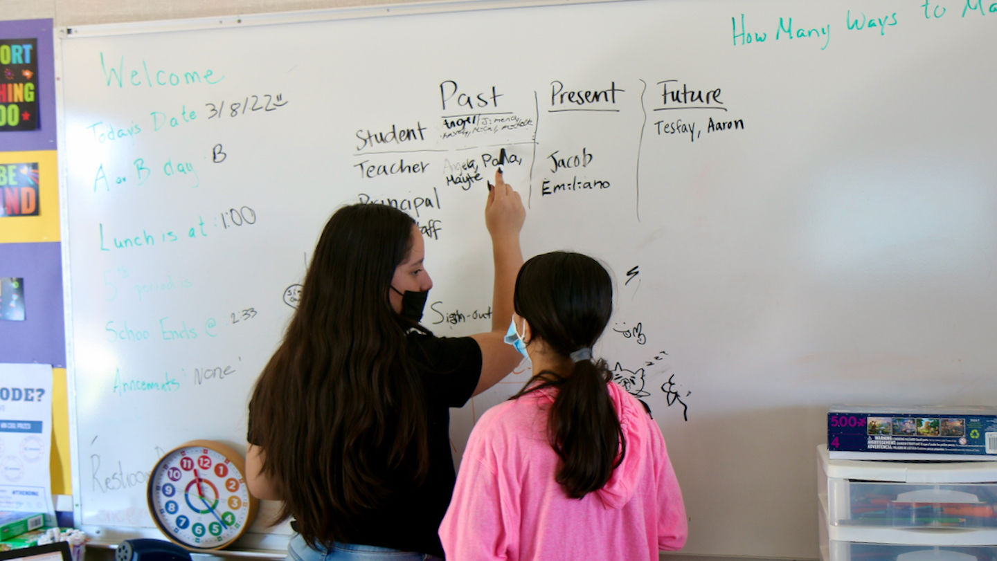 two girls writing on a whiteboard on a design challenge