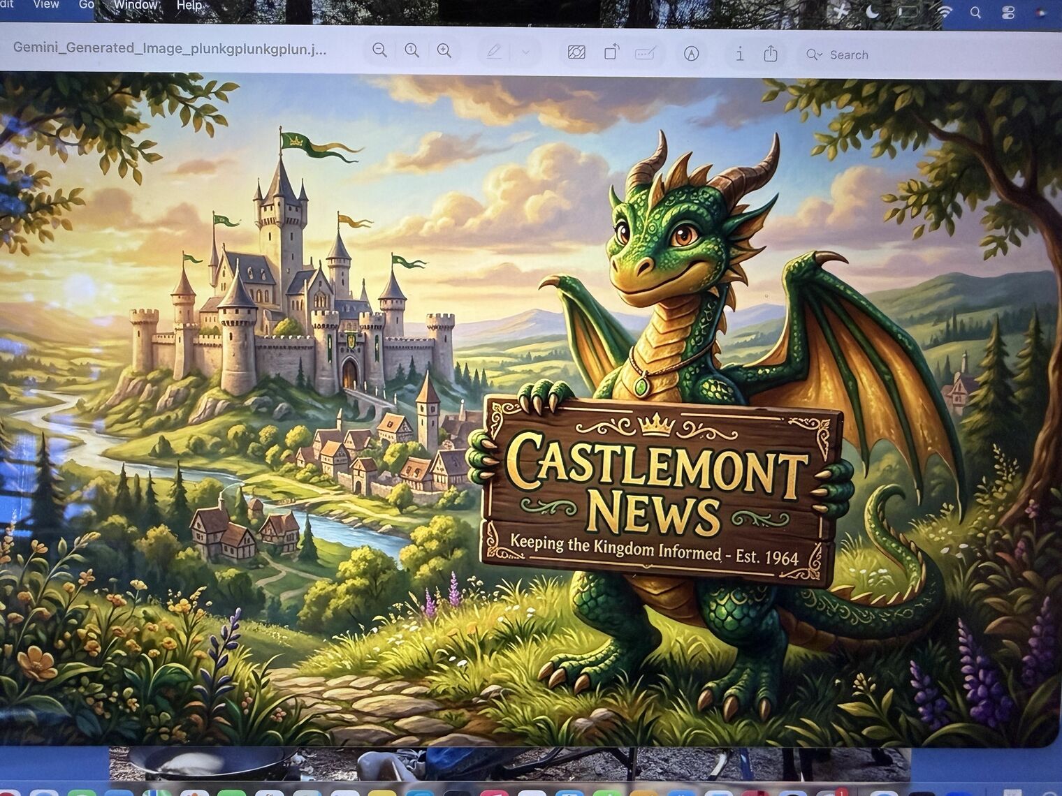 Illustrated dragon holding a sign