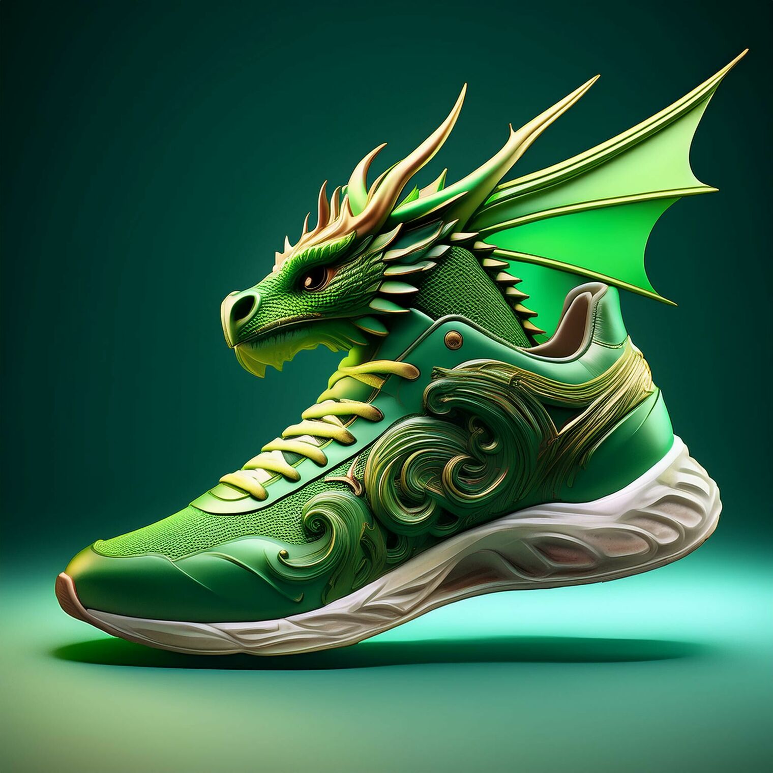 Illustrated dragon on top of a green sneaker