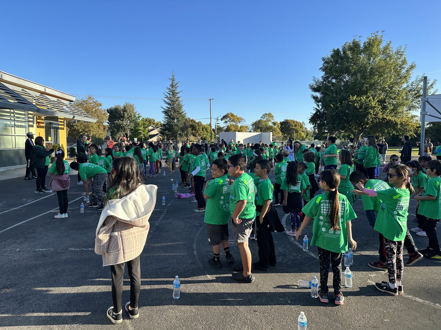 Children in green shirts exercising