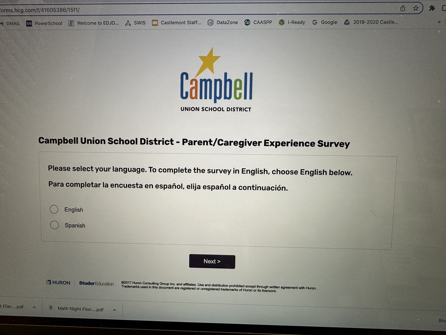 CUSD Survey page with language options