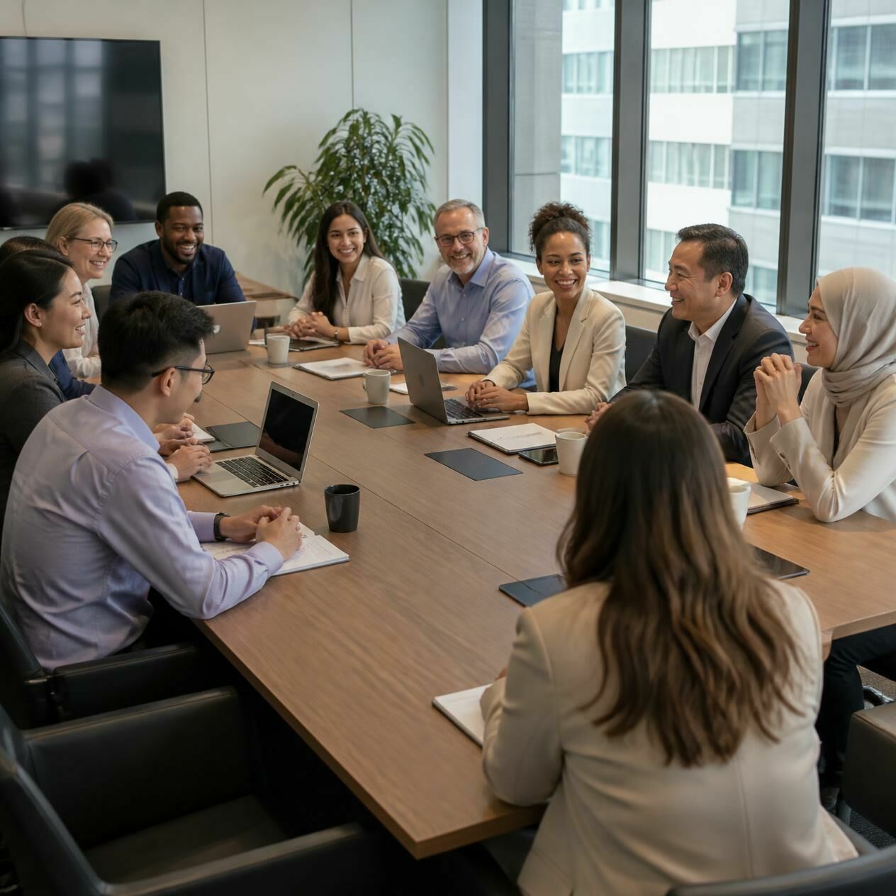 10 adults around a table in a meeting